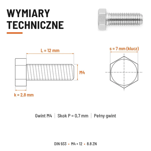 Śruba sześciokątna DIN 933 M4x12 pełny gwint 8.8 ocynkowana