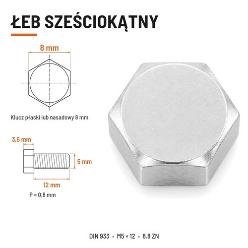 Śruba sześciokątna DIN 933 M5x12 pełny gwint 8.8 ocynkowana
