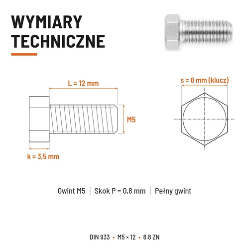 Śruba sześciokątna DIN 933 M5x12 pełny gwint 8.8 ocynkowana