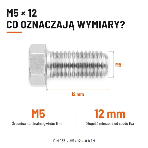 Śruba sześciokątna DIN 933 M5x12 pełny gwint 8.8 ocynkowana