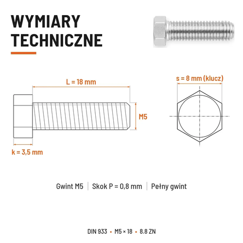 Śruba sześciokątna DIN 933 M5x18 pełny gwint 8.8 ocynkowana