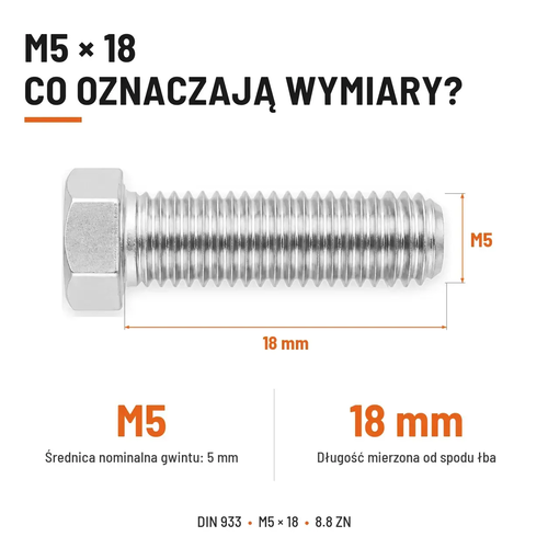 Śruba sześciokątna DIN 933 M5x18 pełny gwint 8.8 ocynkowana