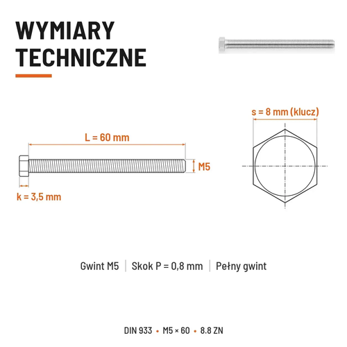 Śruba sześciokątna DIN 933 M5x60 pełny gwint 8.8 ocynkowana