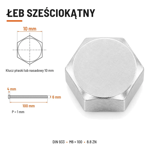 Śruba sześciokątna DIN 933 M6x100 pełny gwint 8.8 ocynkowana