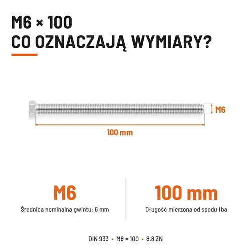 Śruba sześciokątna DIN 933 M6x100 pełny gwint 8.8 ocynkowana