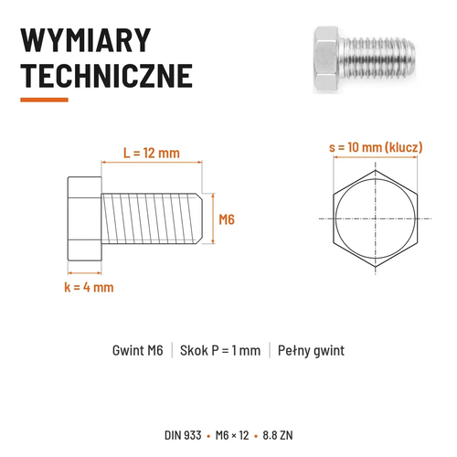Śruba sześciokątna DIN 933 M6x12 pełny gwint 8.8 ocynkowana