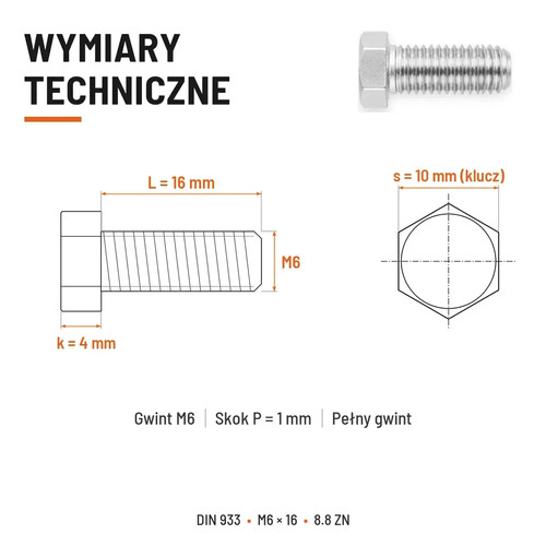 Śruba sześciokątna DIN 933 M6x16 pełny gwint 8.8 ocynkowana