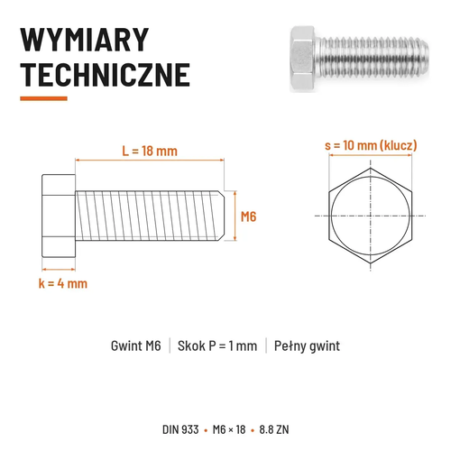 Śruba sześciokątna DIN 933 M6x18 pełny gwint 8.8 ocynkowana