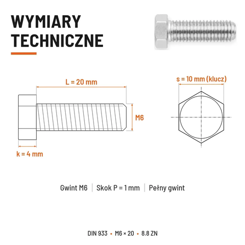 Śruba sześciokątna DIN 933 M6x20 pełny gwint 8.8 ocynkowana