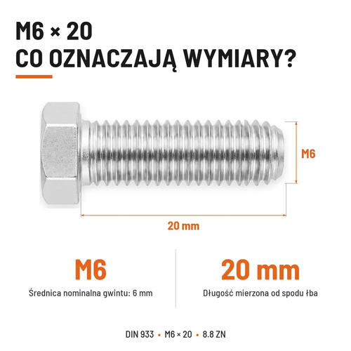 Śruba sześciokątna DIN 933 M6x20 pełny gwint 8.8 ocynkowana