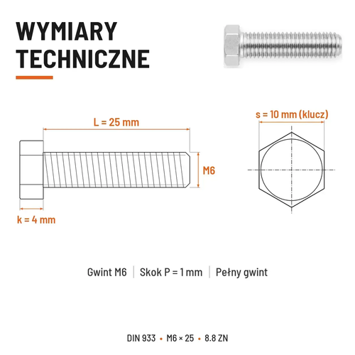 Śruba sześciokątna DIN 933 M6x25 pełny gwint 8.8 ocynkowana