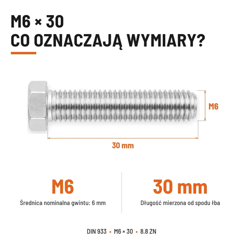Śruba sześciokątna DIN 933 M6x30 pełny gwint 8.8 ocynkowana
