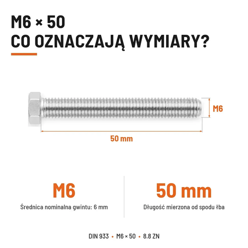Śruba sześciokątna DIN 933 M6x50 pełny gwint 8.8 ocynkowana