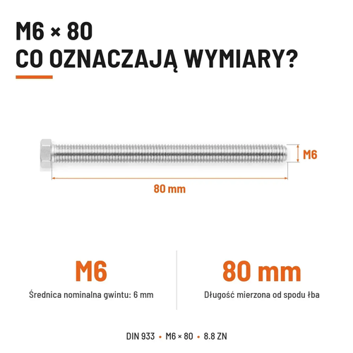 Śruba sześciokątna DIN 933 M6x80 pełny gwint 8.8 ocynkowana