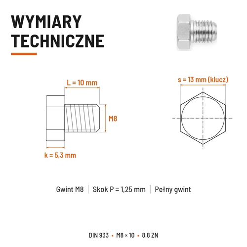 Śruba sześciokątna DIN 933 M8x10 pełny gwint 8.8 ocynkowana