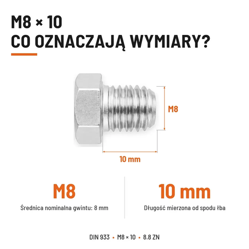 Śruba sześciokątna DIN 933 M8x10 pełny gwint 8.8 ocynkowana