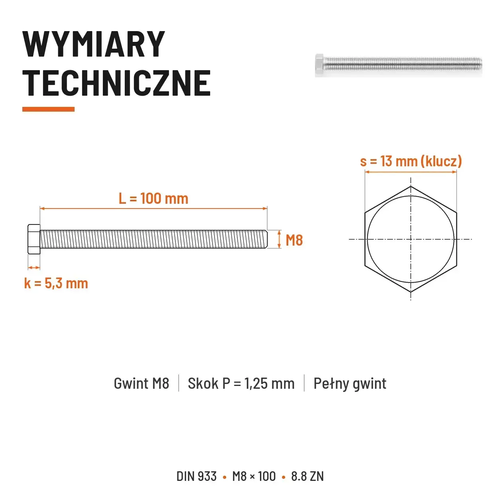 Śruba sześciokątna DIN 933 M8x100 pełny gwint 8.8 ocynkowana