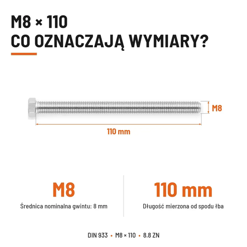 Śruba sześciokątna DIN 933 M8x110 pełny gwint 8.8 ocynkowana