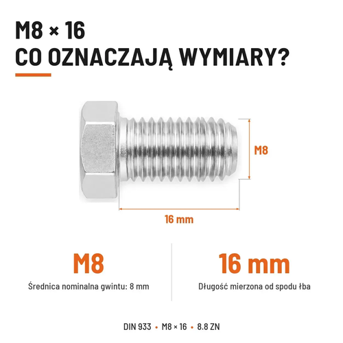 Śruba sześciokątna DIN 933 M8x16 pełny gwint 8.8 ocynkowana