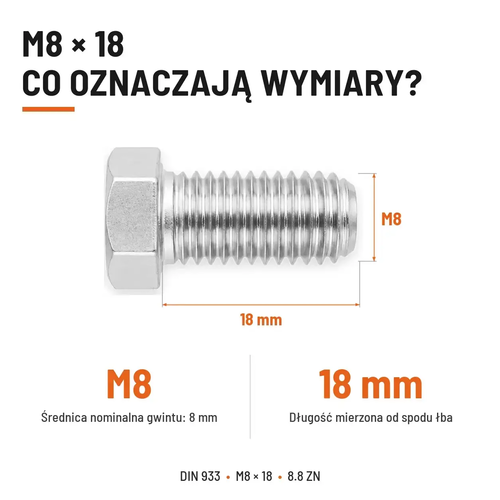 Śruba sześciokątna DIN 933 M8x18 pełny gwint 8.8 ocynkowana