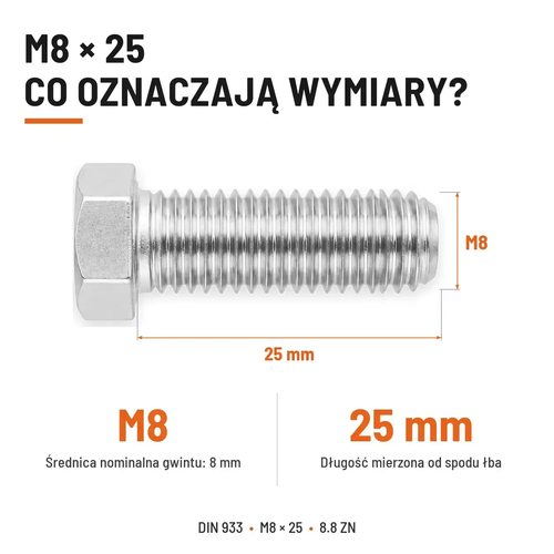 Śruba sześciokątna DIN 933 M8x25 pełny gwint 8.8 ocynkowana