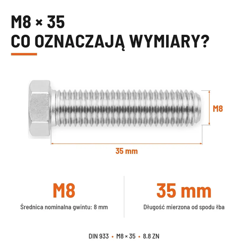 Śruba sześciokątna DIN 933 M8x35 pełny gwint 8.8 ocynkowana