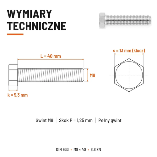 Śruba sześciokątna DIN 933 M8x40 pełny gwint 8.8 ocynkowana