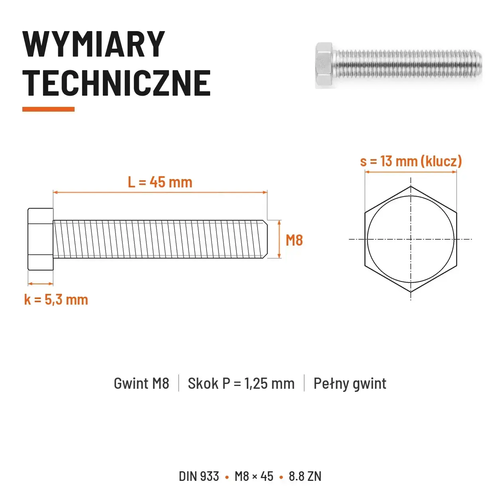 Śruba sześciokątna DIN 933 M8x45 pełny gwint 8.8 ocynkowana