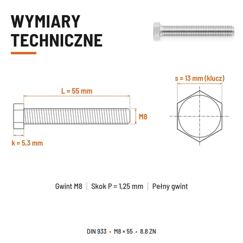 Śruba sześciokątna DIN 933 M8x55 pełny gwint 8.8 ocynkowana