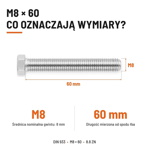 Śruba sześciokątna DIN 933 M8x60 pełny gwint 8.8 ocynkowana