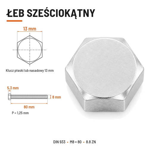 Śruba sześciokątna DIN 933 M8x80 pełny gwint 8.8 ocynkowana