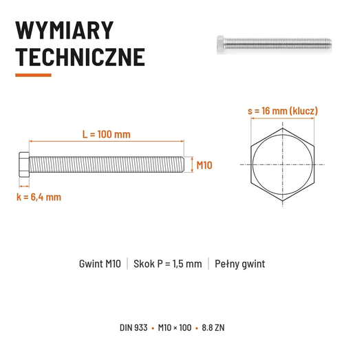 Śruba sześciokątna DIN 933 M10x100 pełny gwint 8.8 ocynkowana
