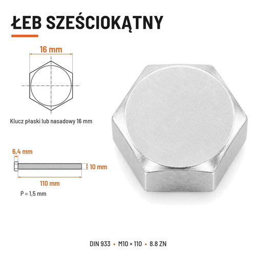 Śruba sześciokątna DIN 933 M10x110 pełny gwint 8.8 ocynkowana