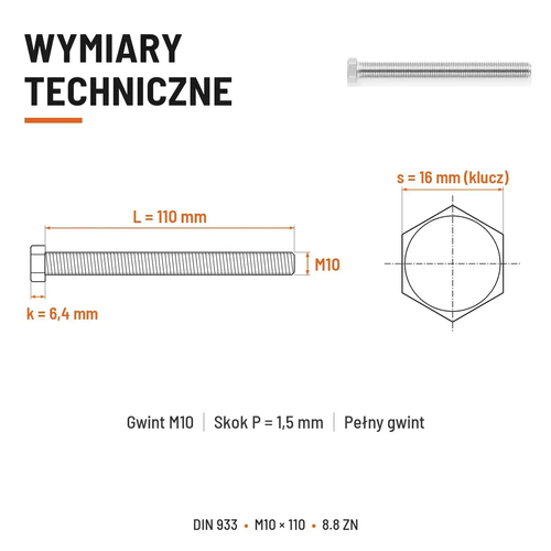 Śruba sześciokątna DIN 933 M10x110 pełny gwint 8.8 ocynkowana