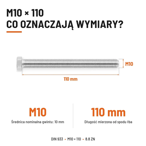 Śruba sześciokątna DIN 933 M10x110 pełny gwint 8.8 ocynkowana