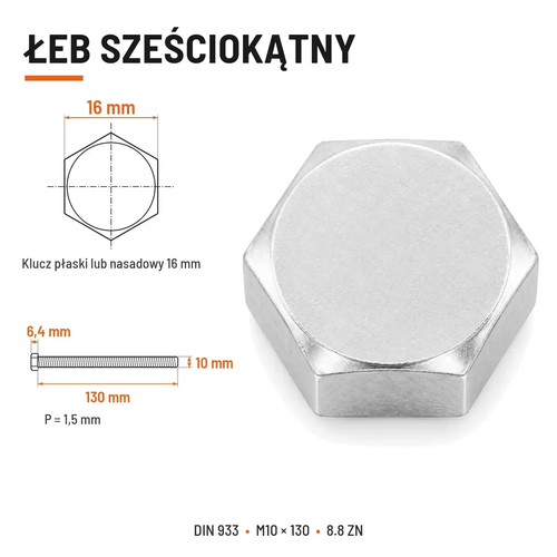 Śruba sześciokątna DIN 933 M10x130 pełny gwint 8.8 ocynkowana