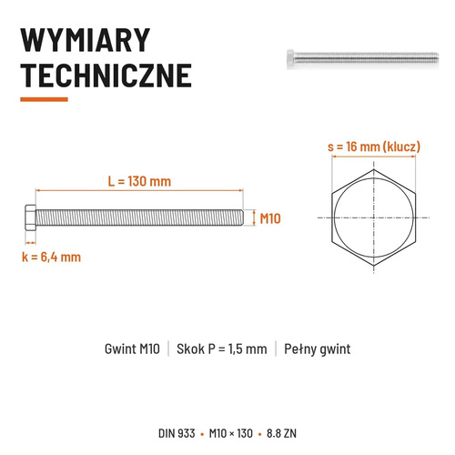 Śruba sześciokątna DIN 933 M10x130 pełny gwint 8.8 ocynkowana