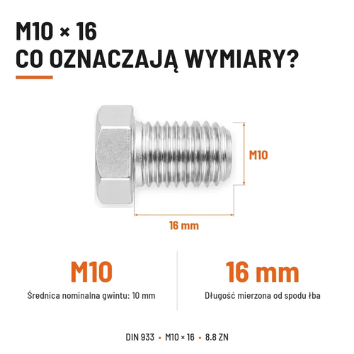 Śruba sześciokątna DIN 933 M10x16 pełny gwint 8.8 ocynkowana