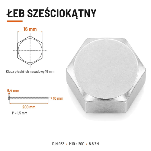 Śruba sześciokątna DIN 933 M10x200 pełny gwint 8.8 ocynkowana