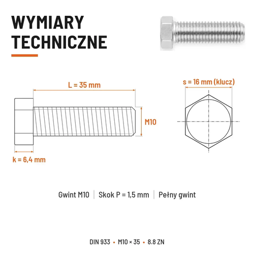 Śruba sześciokątna DIN 933 M10x35 pełny gwint 8.8 ocynkowana