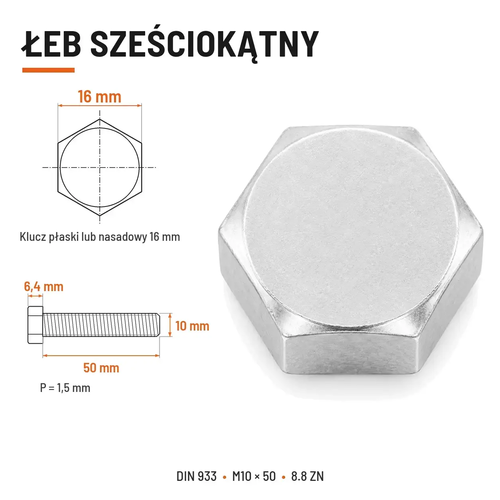 Śruba sześciokątna DIN 933 M10x50 pełny gwint 8.8 ocynkowana