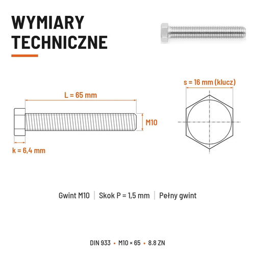 Śruba sześciokątna DIN 933 M10x65 pełny gwint 8.8 ocynkowana