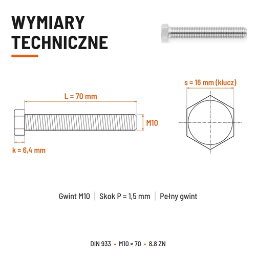Śruba sześciokątna DIN 933 M10x70 pełny gwint 8.8 ocynkowana