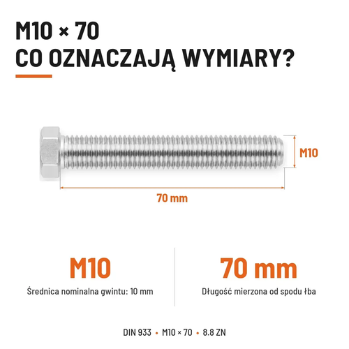 Śruba sześciokątna DIN 933 M10x70 pełny gwint 8.8 ocynkowana
