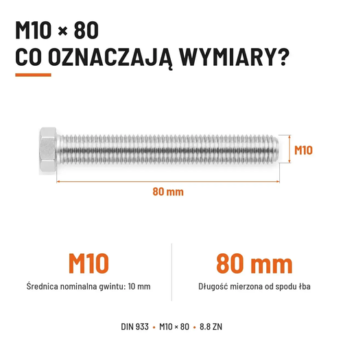 Śruba sześciokątna DIN 933 M10x80 pełny gwint 8.8 ocynkowana