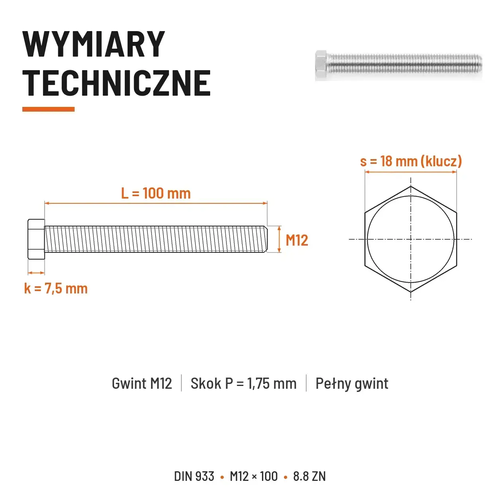 Śruba sześciokątna DIN 933 M12x100 pełny gwint 8.8 ocynkowana