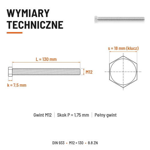 Śruba sześciokątna DIN 933 M12x130 pełny gwint 8.8 ocynkowana