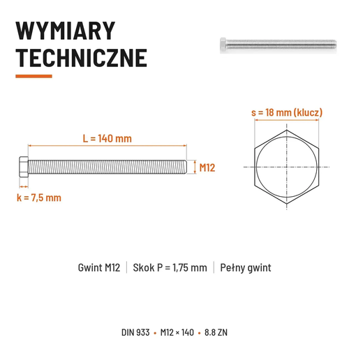 Śruba sześciokątna DIN 933 M12x140 pełny gwint 8.8 ocynkowana
