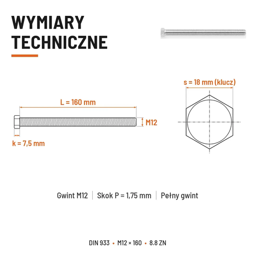 Śruba sześciokątna DIN 933 M12x160 pełny gwint 8.8 ocynkowana