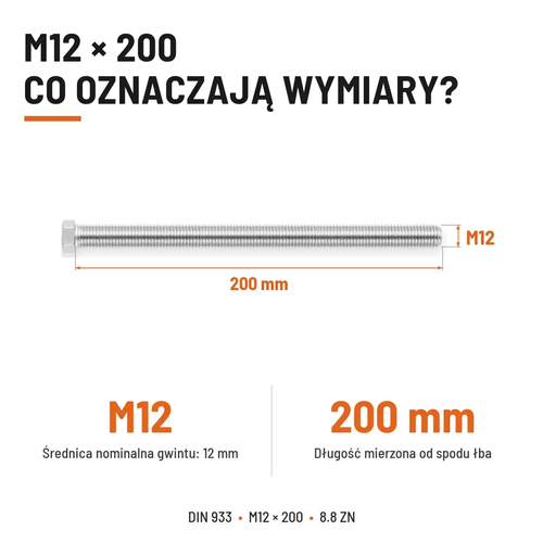 Śruba sześciokątna DIN 933 M12x200 pełny gwint 8.8 ocynkowana
